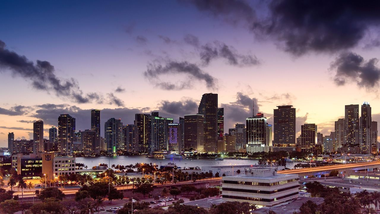 Aventura waterway skyline at dusk