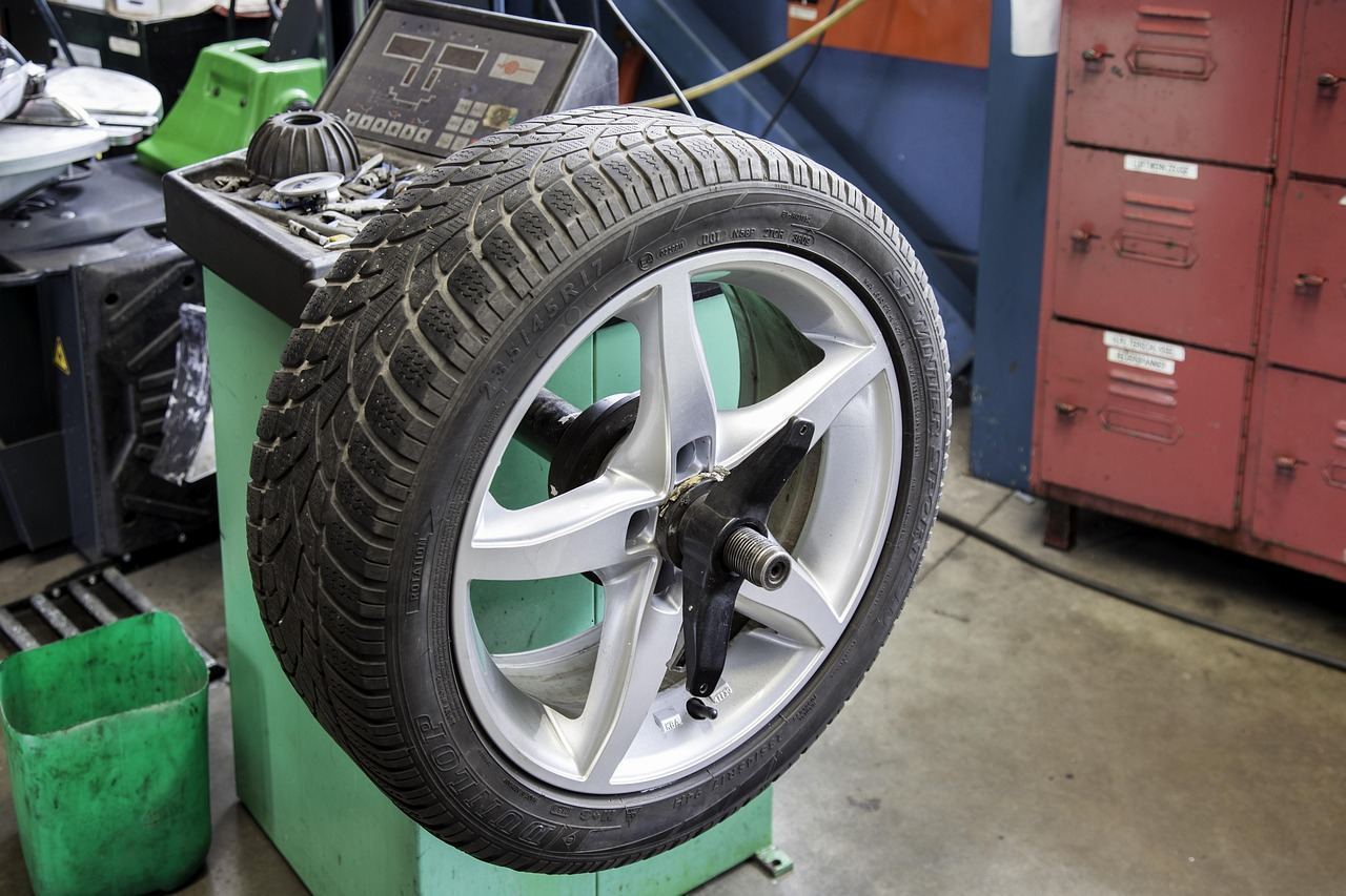 Car tire and wheel at a service shop